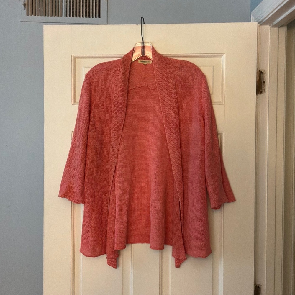 Eileen Fisher Coral Pink 100% Hemp Knit Open Front Cardigan Sweater M Coastal